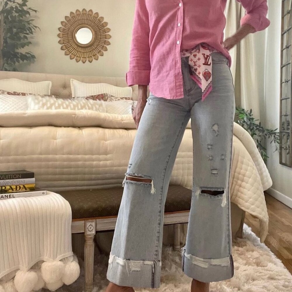 Alice + Olivia High-rise, wide leg, distressed, cuffed jeans, Size XS, 25